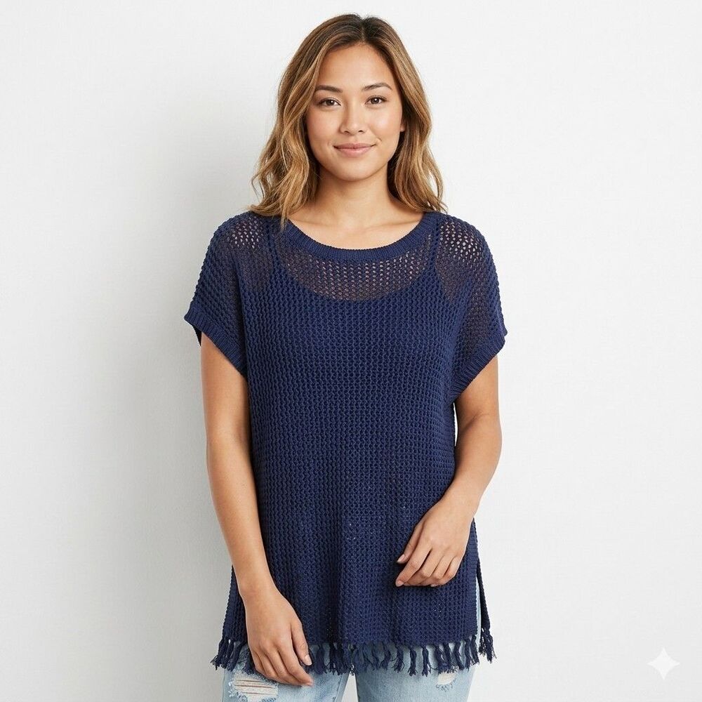 Tommy Bahama Crochet Tunic Knit Fringe Kaftan Cover-Up Top Blue S/M Linen Cotton